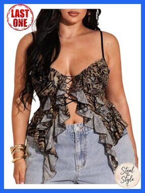 Plus Size Sexy Cami Top Asymmetrical Ruffles Lace Up Tank Top